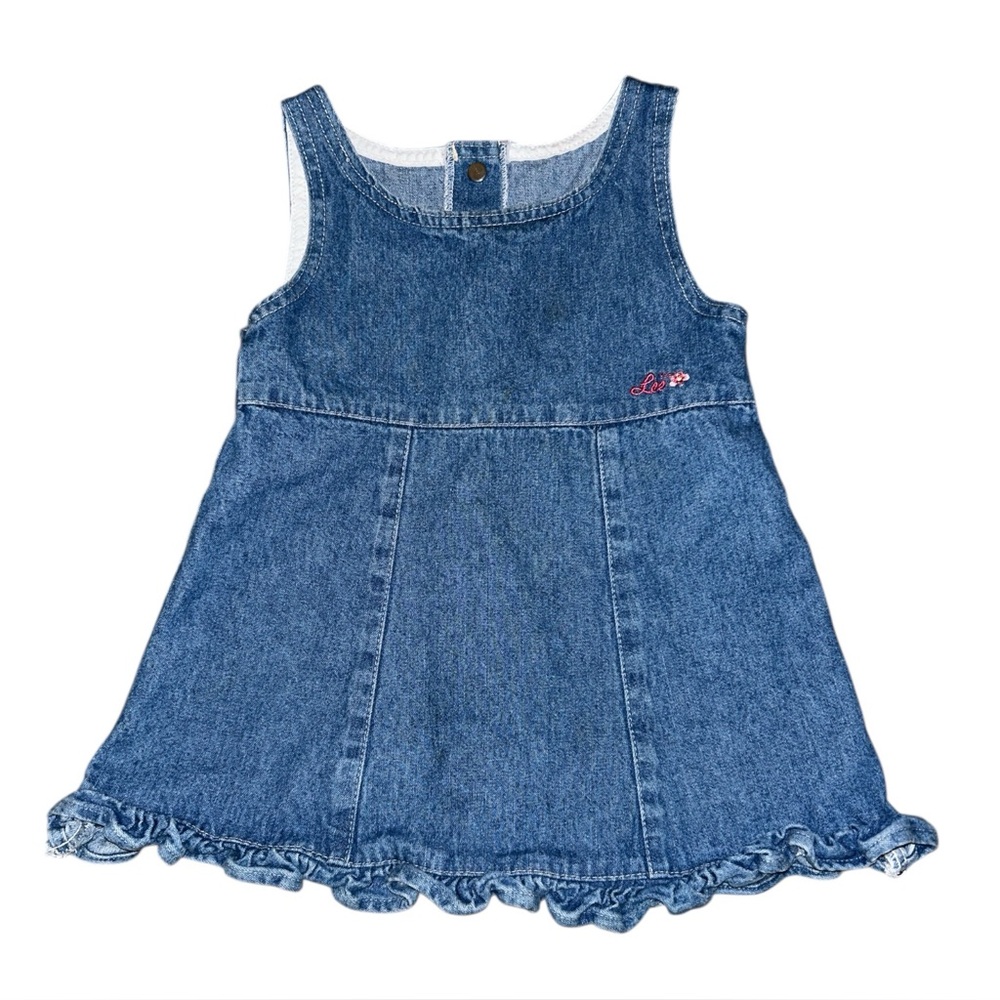 Vintage 90s Lee Denim Pinafore Jumper Dress Size 3T Embroidered Logo Ruffle
